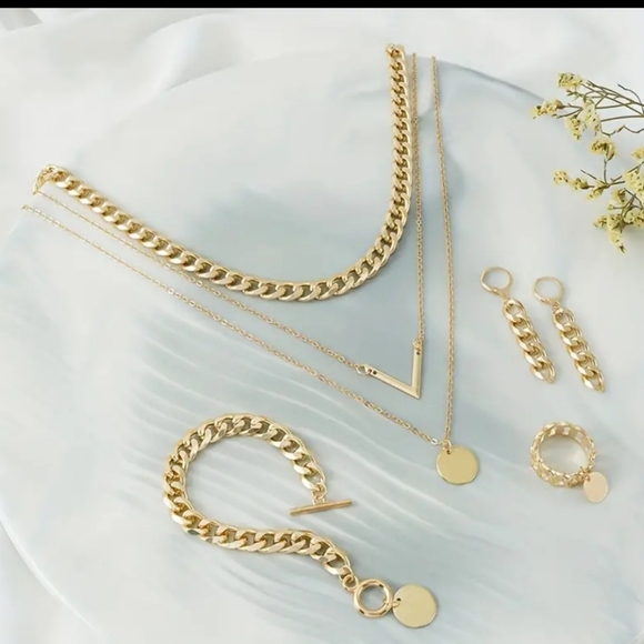 4 Pce Trendy Chunky Chain Jewelry Set Necklace Earrings Bracelet Ring Gold Color - Picture 2 of 5